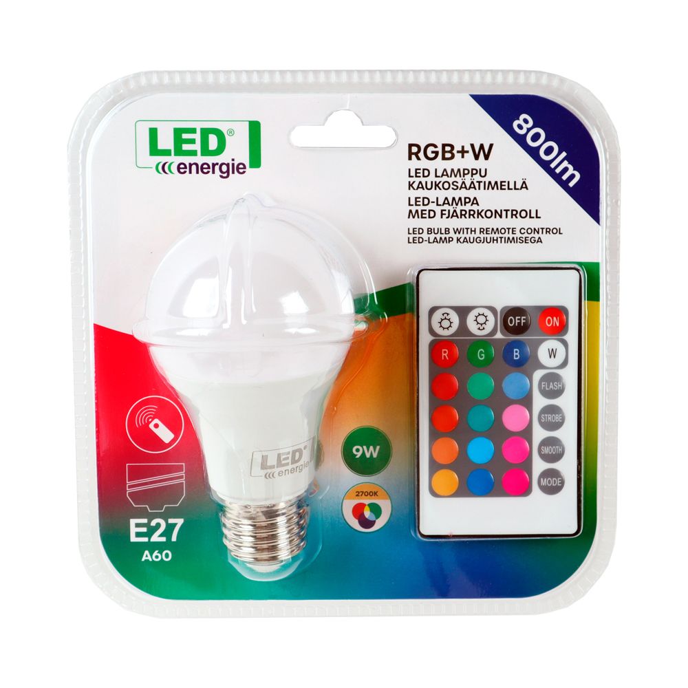 Led Energie RGB+W LED-lamp puldiga, E27, 9 W, 2700 K, 800 lm