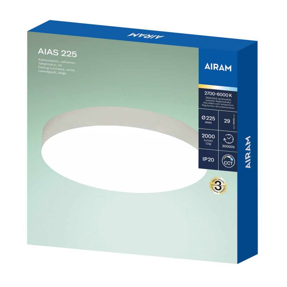 Airam Aias LED-taklampa Ø 225 mm 17 W 2000 lm 4000 K IP20 CCT