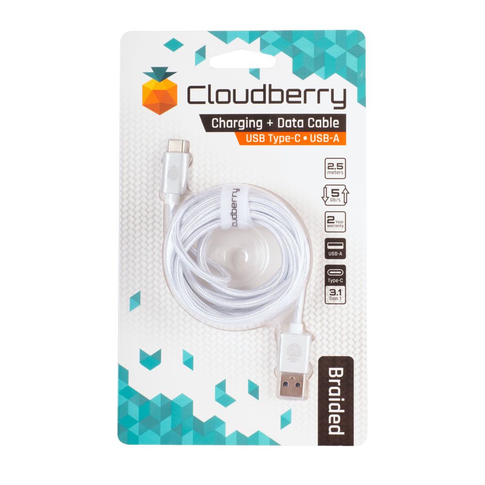 Cloudberry USB-A USB-C vastupidav andmekaabel, valge, 2,5 m