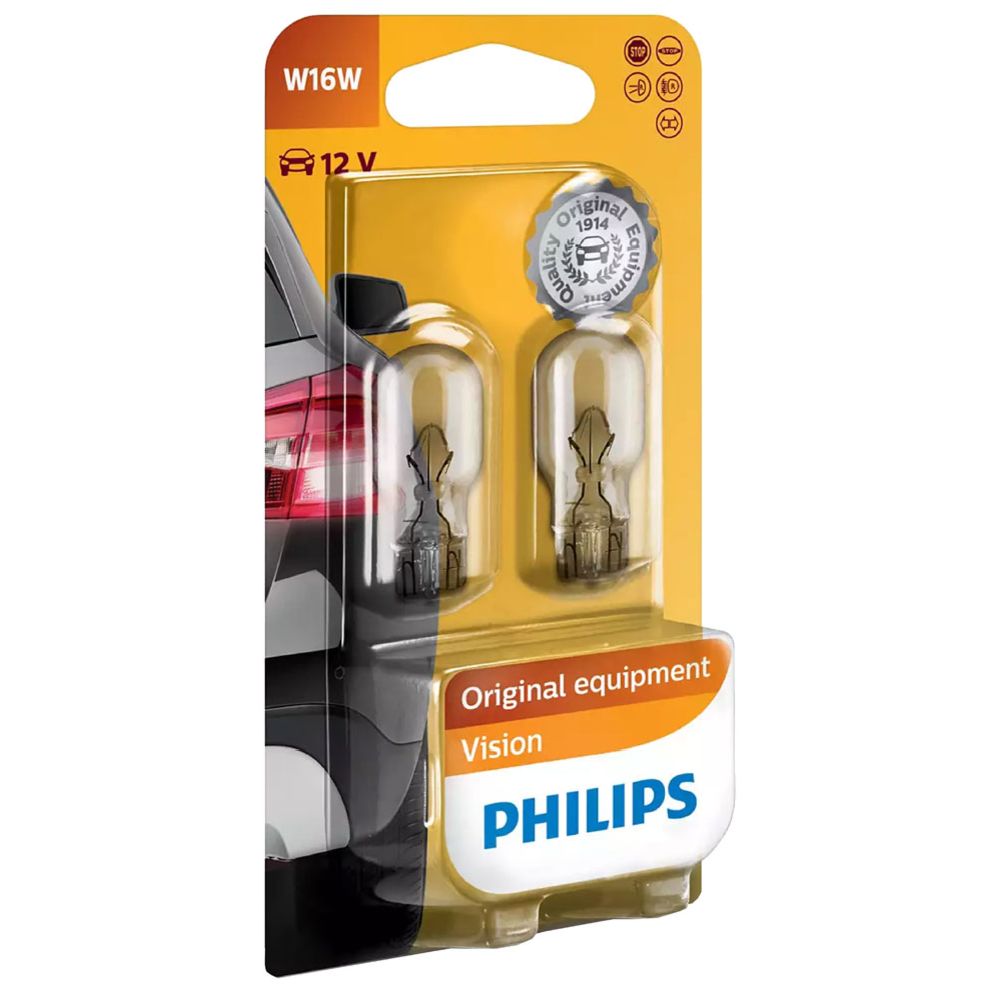 Philips glassockellampa 2-pack 12V 16W W16W (T16)