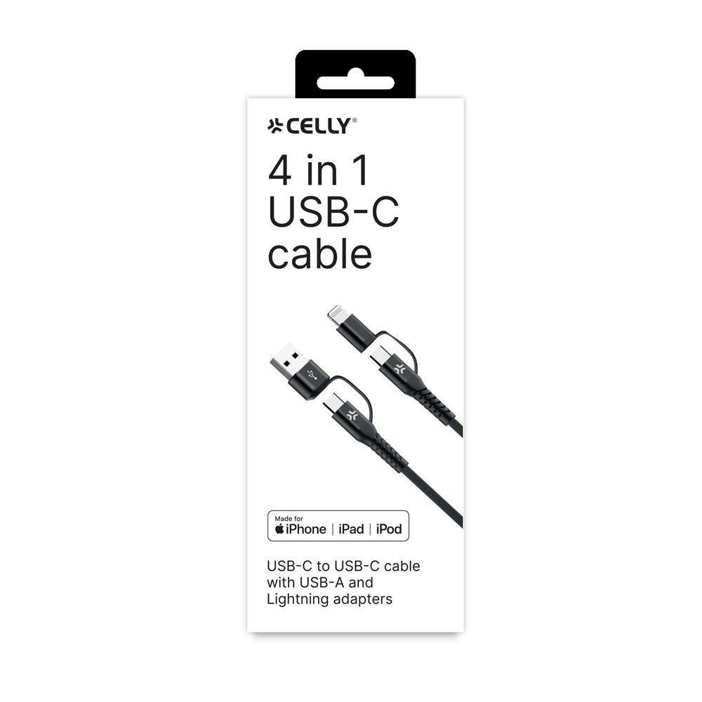 Celly 4 in 1 USB-C laadimisjuhe, must, 2 m