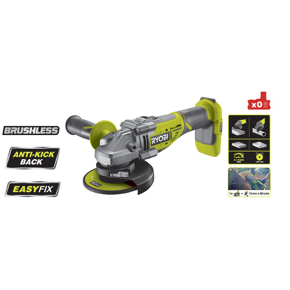 Ryobi R18AG7-0 ONE+ hiiliharjaton akkukulmahiomakone 125 mm 18 V