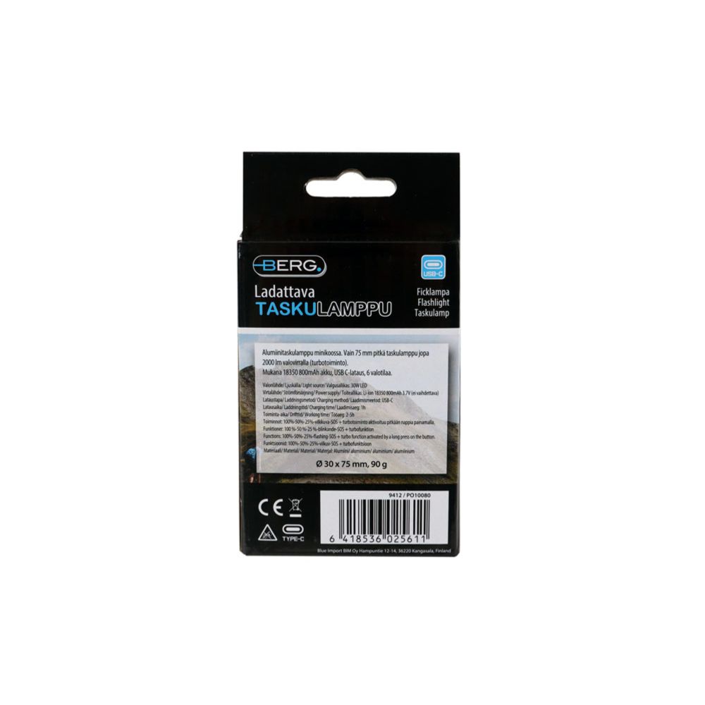 Berg laetav mini LED-taskulamp, 30 W, 2000 lm