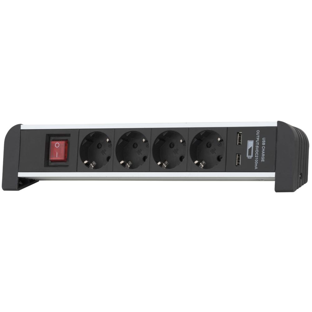 Airam Tabletop 4-osainen jatkojohto 2 m kytkimellä + 2x USB + kiinnikkeet