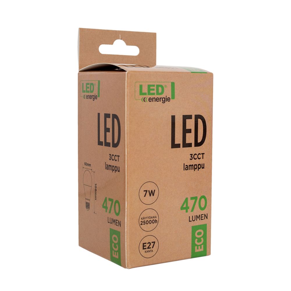 Led Energie LED vakiokupulamppu E27 7W 470lm 3CCT 3000K/4000K/6500K