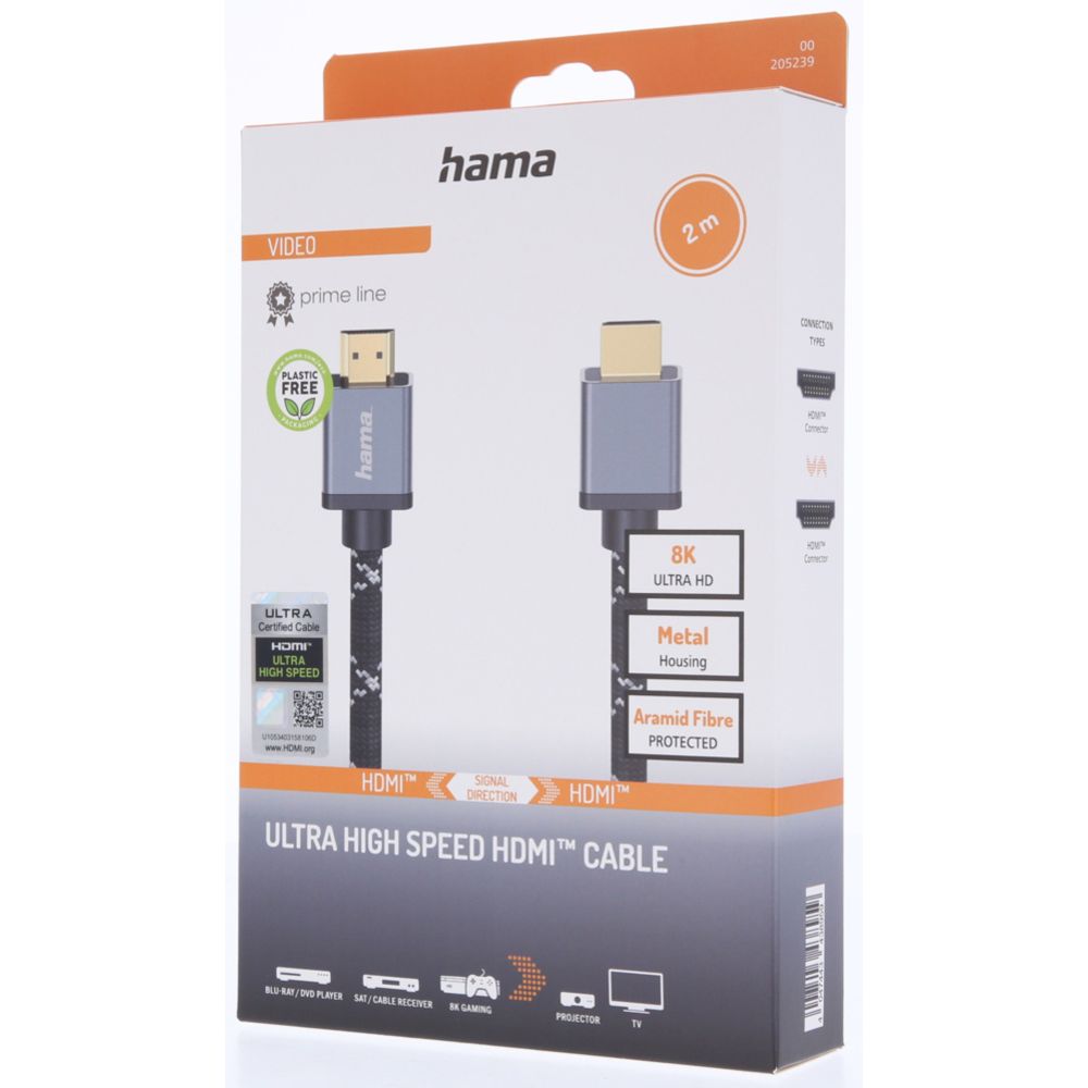 Hama HDMI-kaapeli, HDMI uros - HDMI uros, "Metal", 8K, Ethernet, 2,0 m