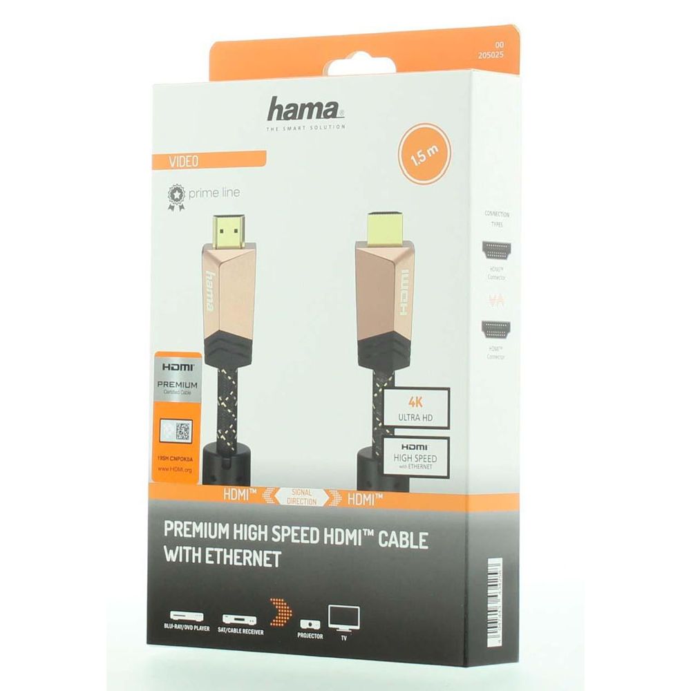 Hama HDMI-kaapeli, HDMI uros - HDMI uros, "Premium", 4K, Ethernet, 1,5 m