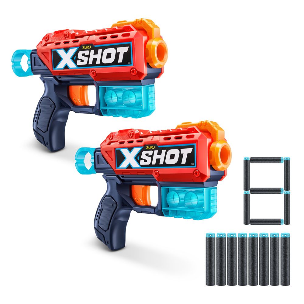 X-Shot Excel Kickback Blaster leikkiase 2 kpl, 8 ammusta ja 6 tölkkiä