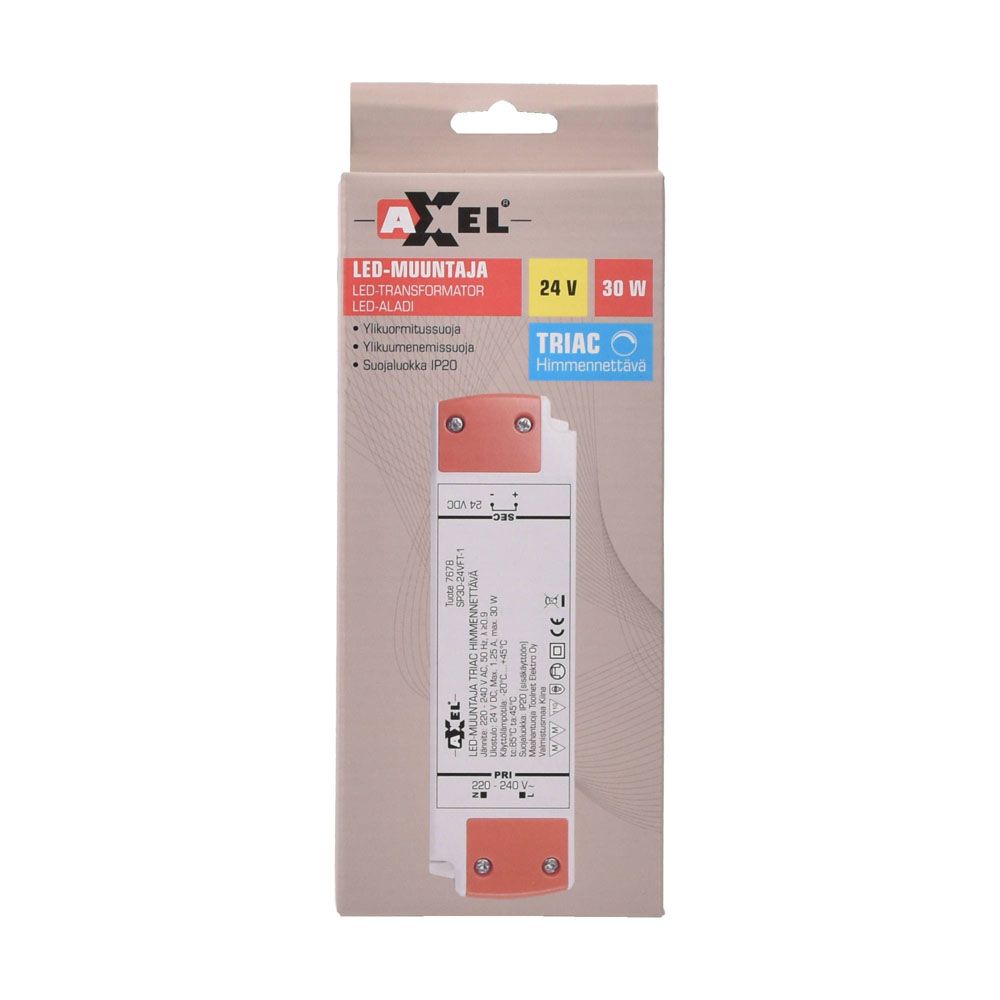Axxel LED-muuntaja 24 V 30 W, TRIAC-himmennettävä IP20