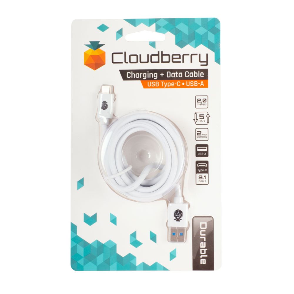 Cloudberry USB-A USB-C andmekaabel, valge, 2 m