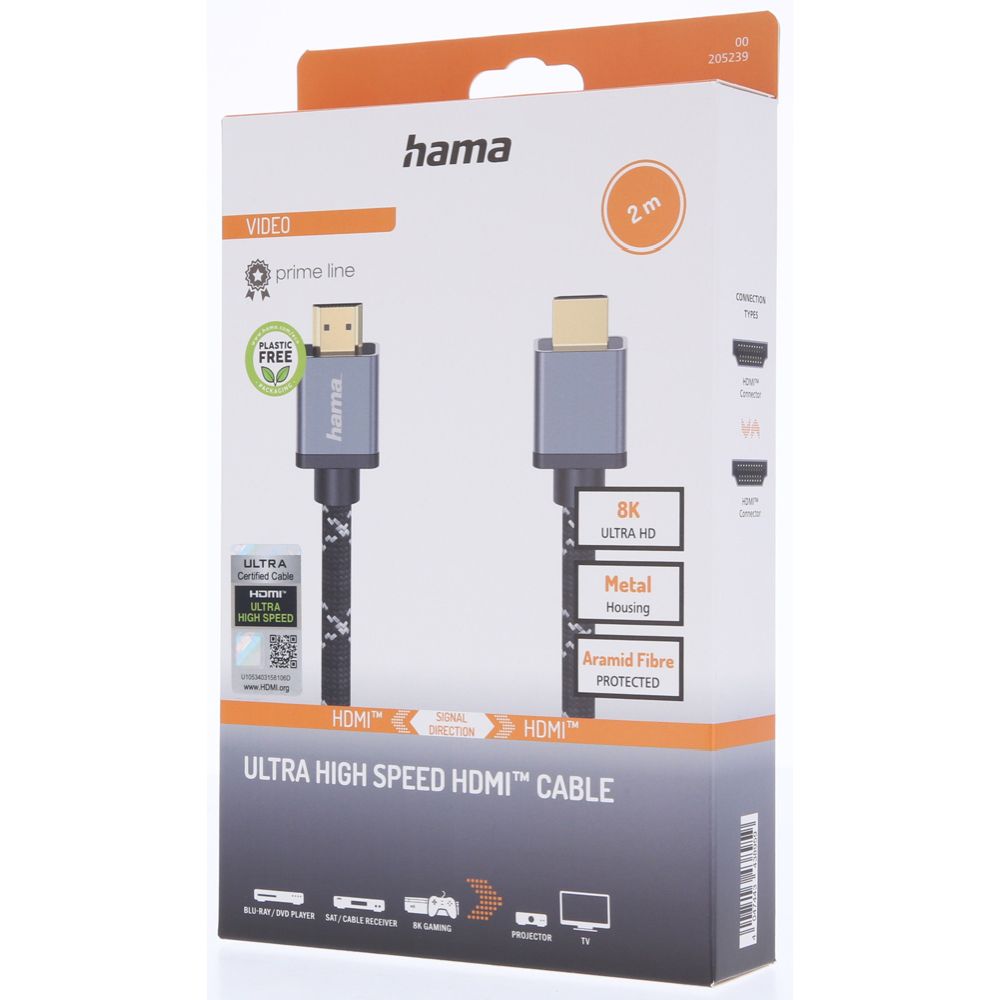 Hama HDMI-kaapeli, HDMI uros - HDMI uros, "Metal", 8K, Ethernet, 2,0 m