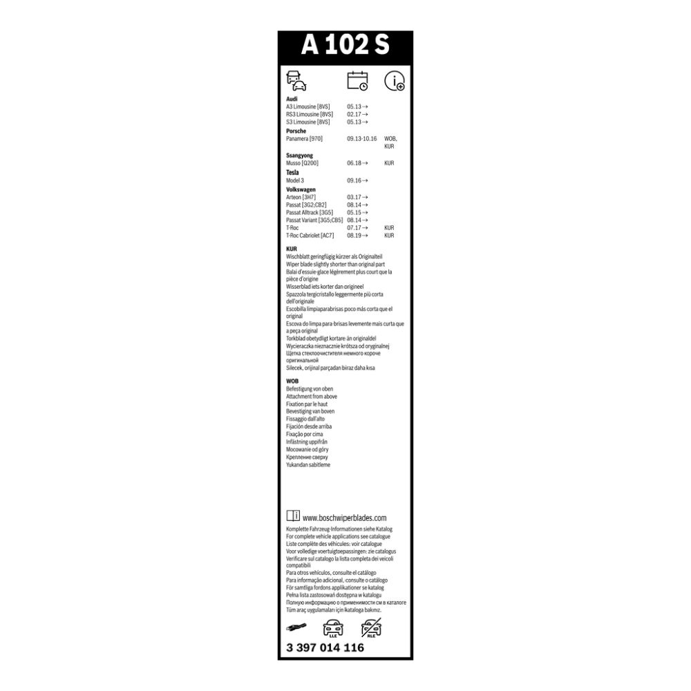 Bosch AeroTwin A102S pyyhkijänsulkasarja 65+48 cm