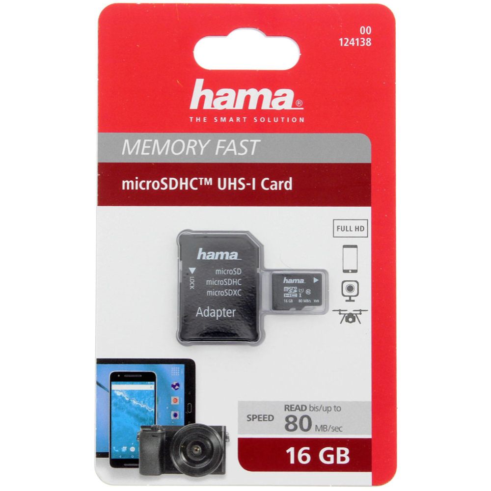 Hama microSDHC minneskort 16 GB Class 10 UHS-I 80 MB/s + adapter
