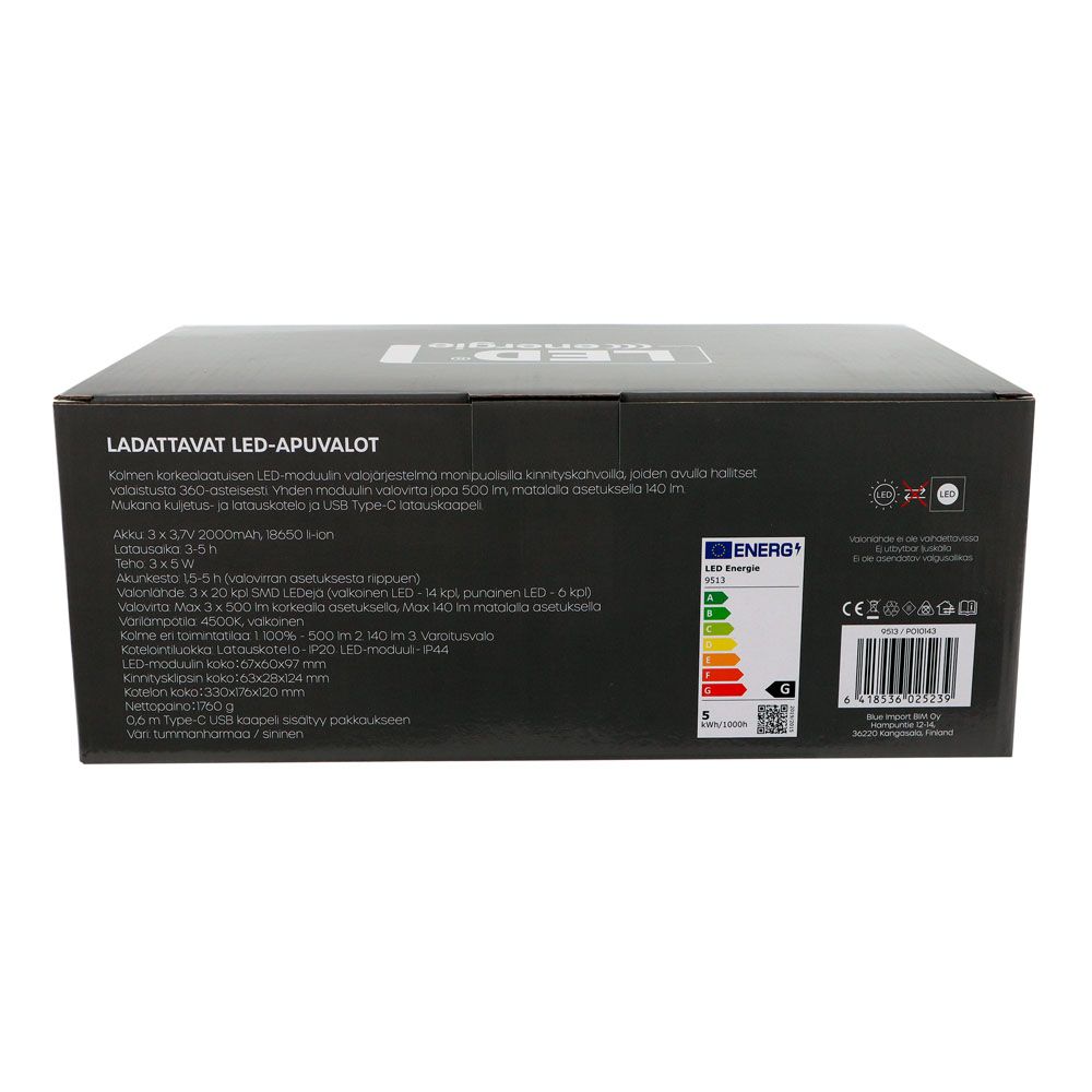 Led Energie LED-apuvalot kiinnityskahvoilla, ladattavat 3 x 5 W 1500 lm 4500 K IP44