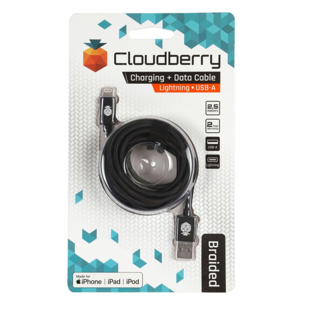 Cloudberry USB-A Lightning vastupidav andmekaabel, must, 2,5 m
