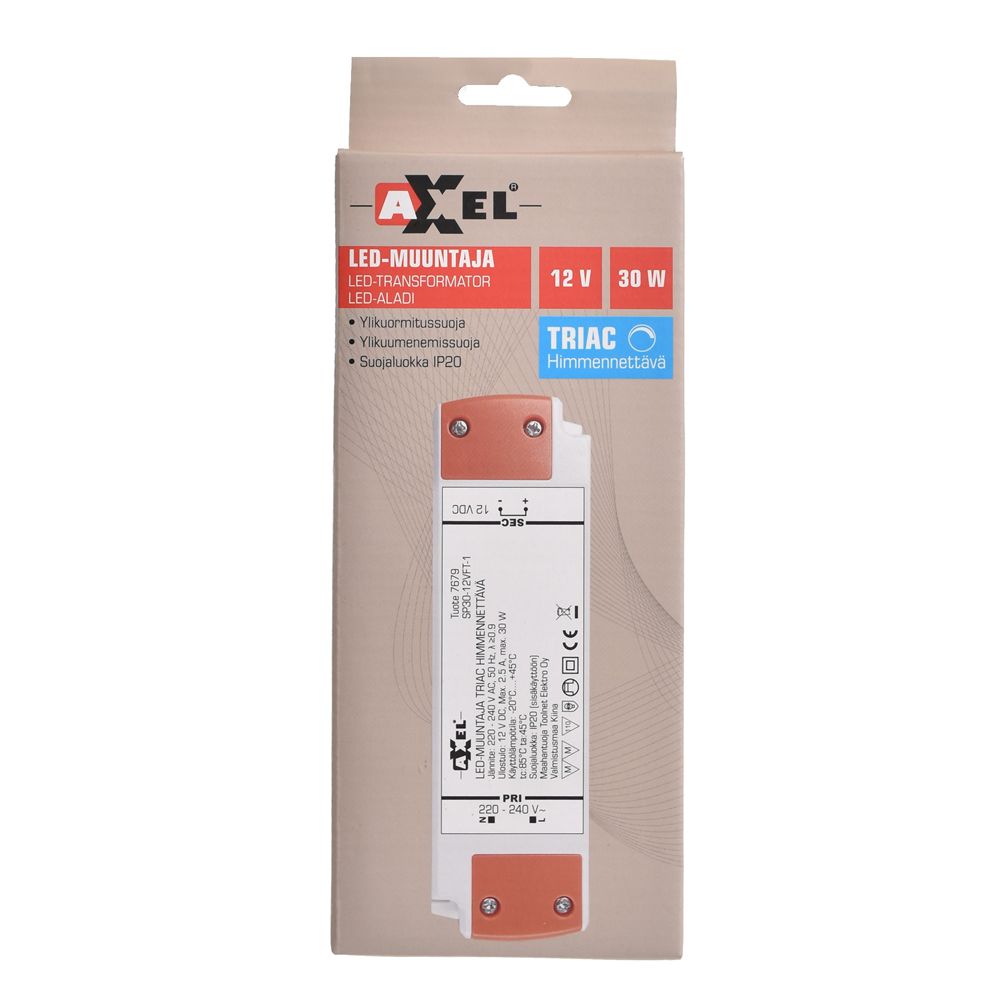 Axxel LED-muuntaja 12V 30W IP20 TRIAC-himmenettävä