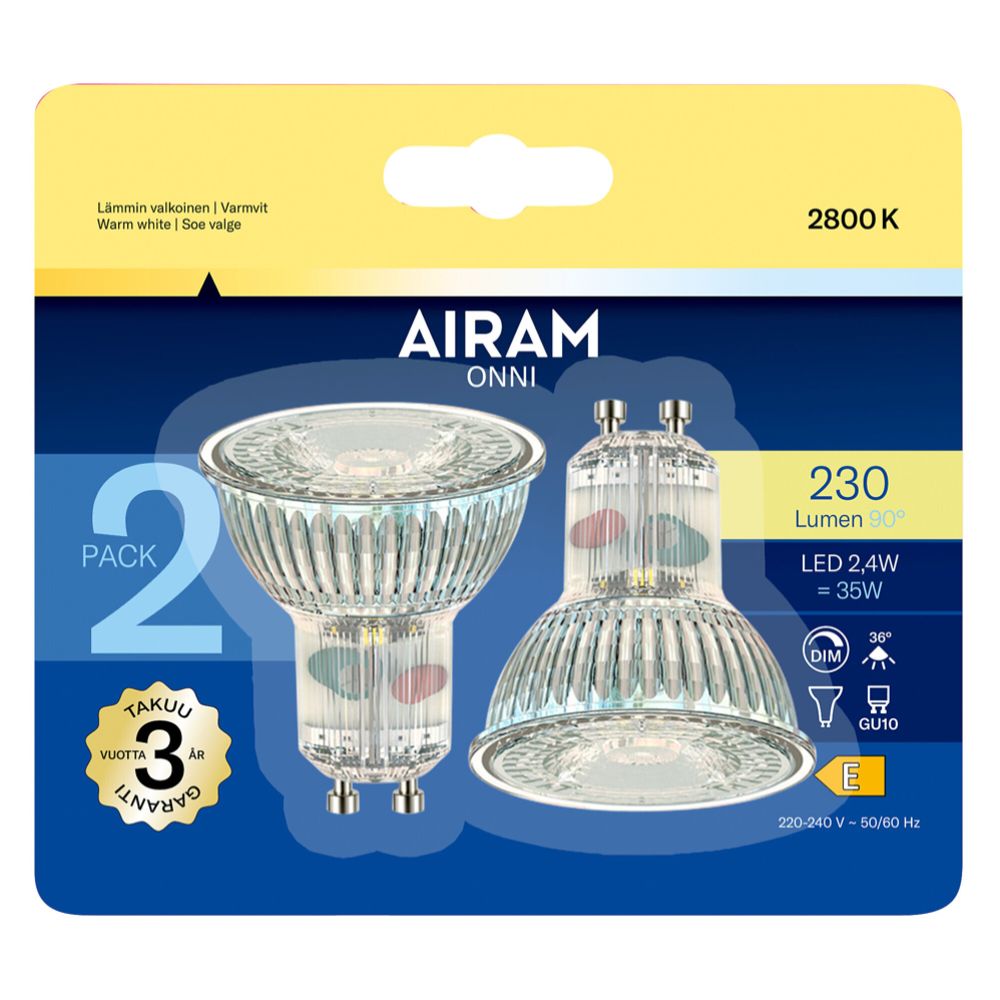 Airam LED kohdelamppu GU10 2,4 W 2800 K 230 lm 2 kpl himmennettävä
