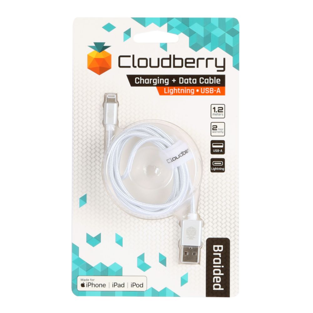 Cloudberry USB-A Lightning vastupidav andmekaabel, valge, 1,2 m