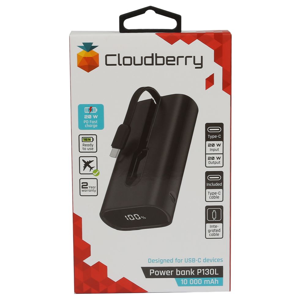 Cloudberry varavirtalähde 10 000 mAh PD 20 W integroidulla kaapelilla