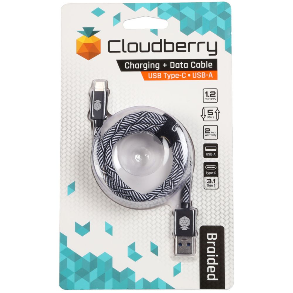 Cloudberry USB-A - USB-C vahvarakenteinen datakaapeli 1,2 m mustavalkoinen