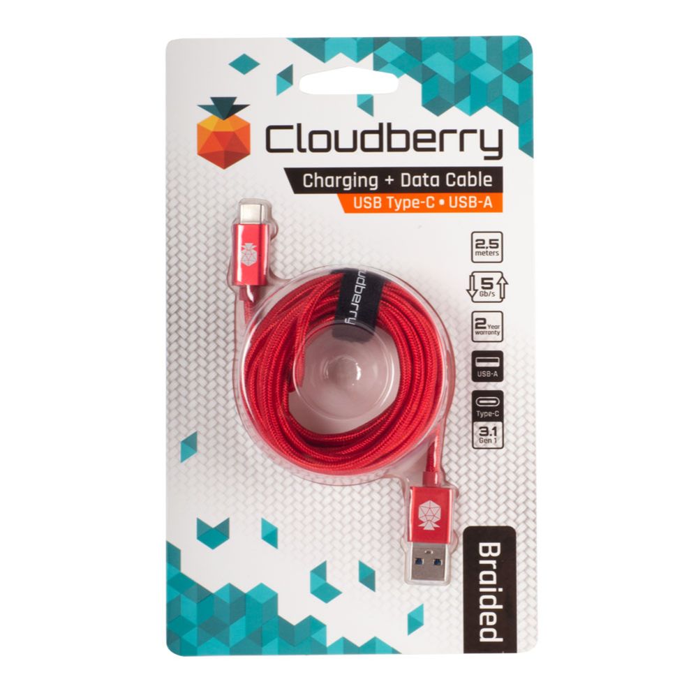 Cloudberry USB-A till USB-C kabel kraftig 2,5 m röd
