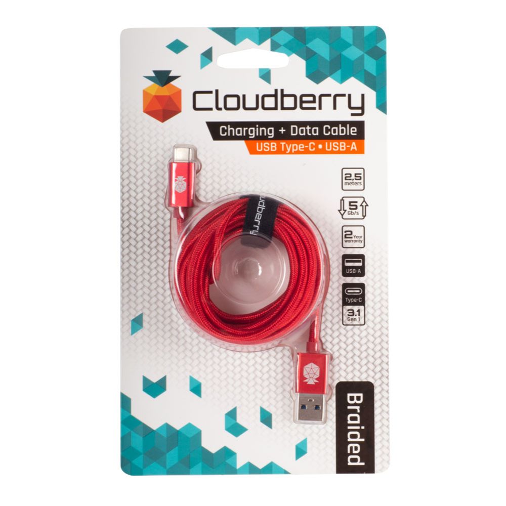 Cloudberry USB-A - USB-C vahvarakenteinen datakaapeli 2,5 m punainen