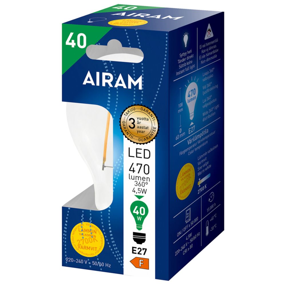 Airam LED-filamenttilamppu A60 E27 4,5W 470lm 2700K