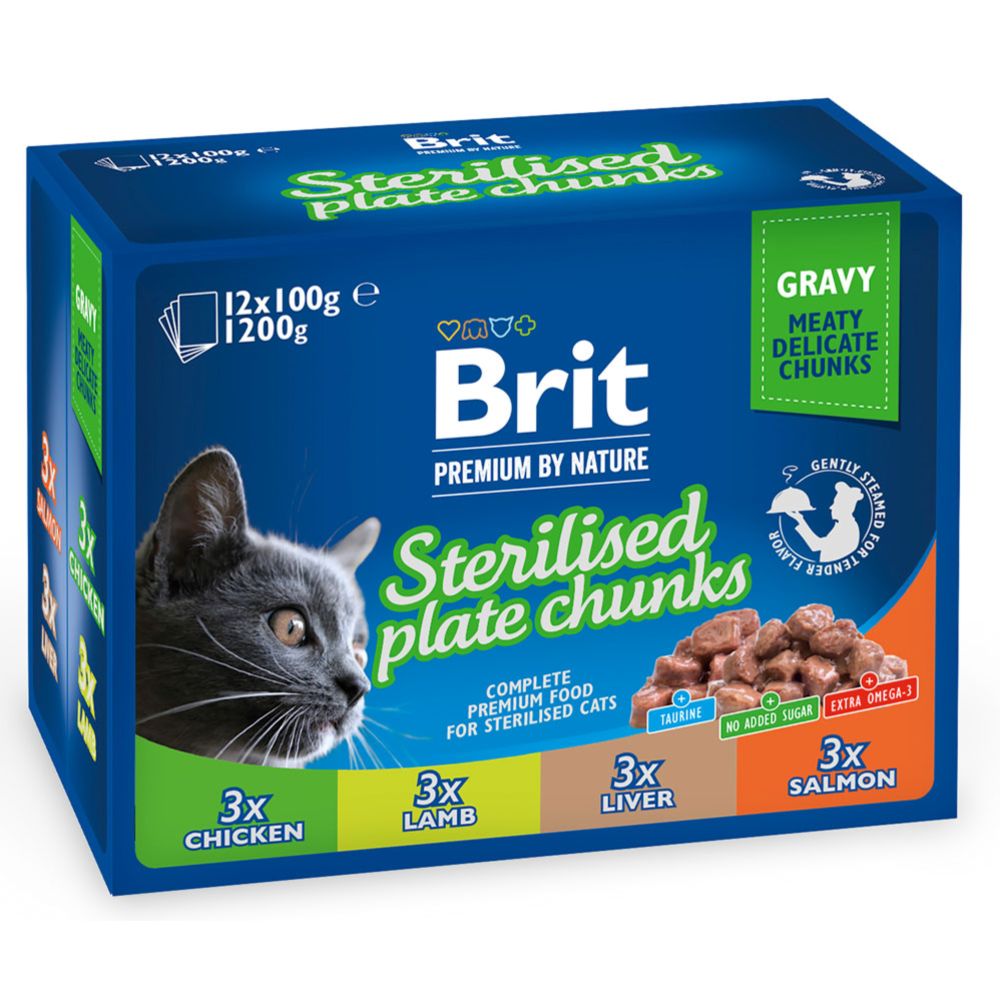 Brit Premium Paloja kastikkeessa steriloiduille kissoille. 12x100g