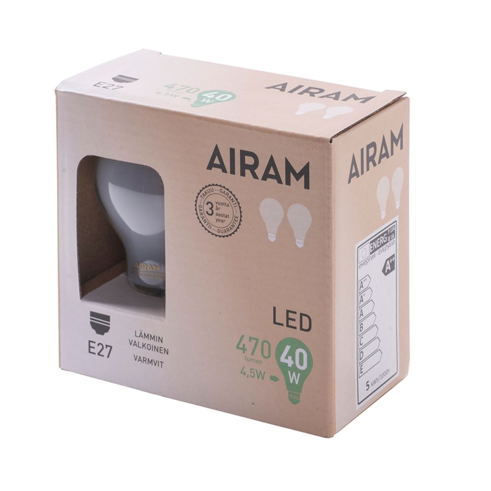 Airam LED pallolamppu E27 4,5W 2700K 470 lm 2 kpl