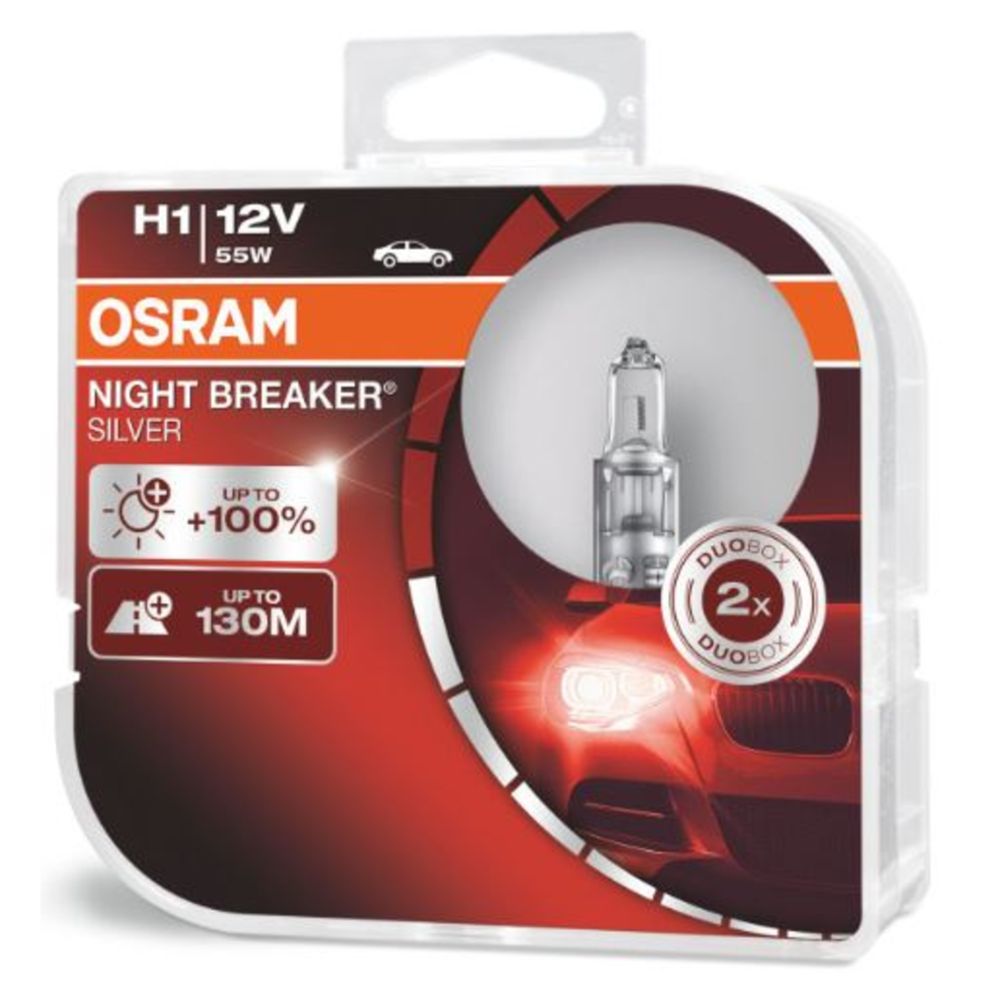 Osram Night Breaker Silver H1-autopirnid, +100%, 12 V / 55 W, 2 tk
