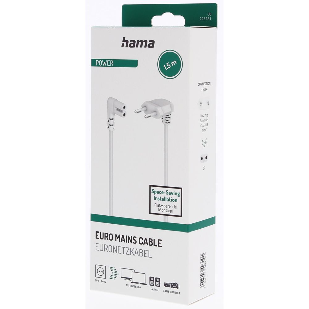 Hama virtajohto 90 asteen kulmalla 2-pin Euro plug 1.5 m