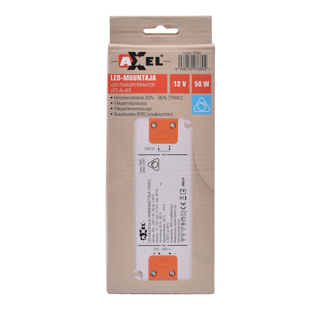 Axxel LED-muuntaja 12V 50W IP20 TRIAC-himmennettävä