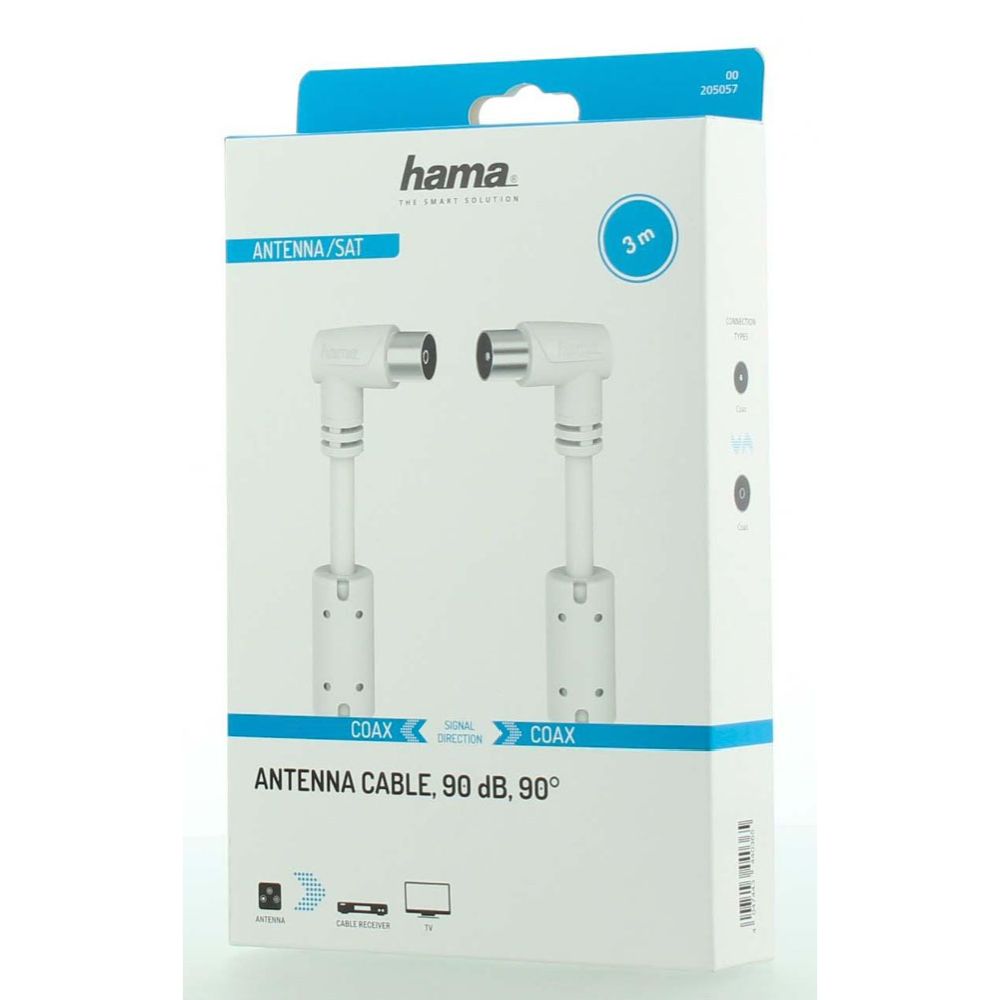 Hama Antennikaapeli, Coax uros - Coax naaras, 90°, 3,0 m, 90 dB, valkoinen