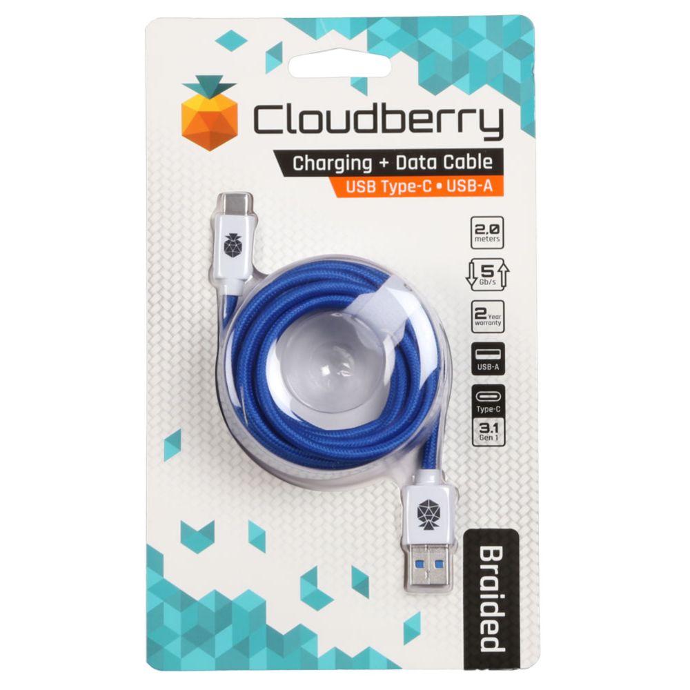 Cloudberry USB Type-C 3.1 vahvarakenteinen datakaapeli 2 m sinivalkoinen