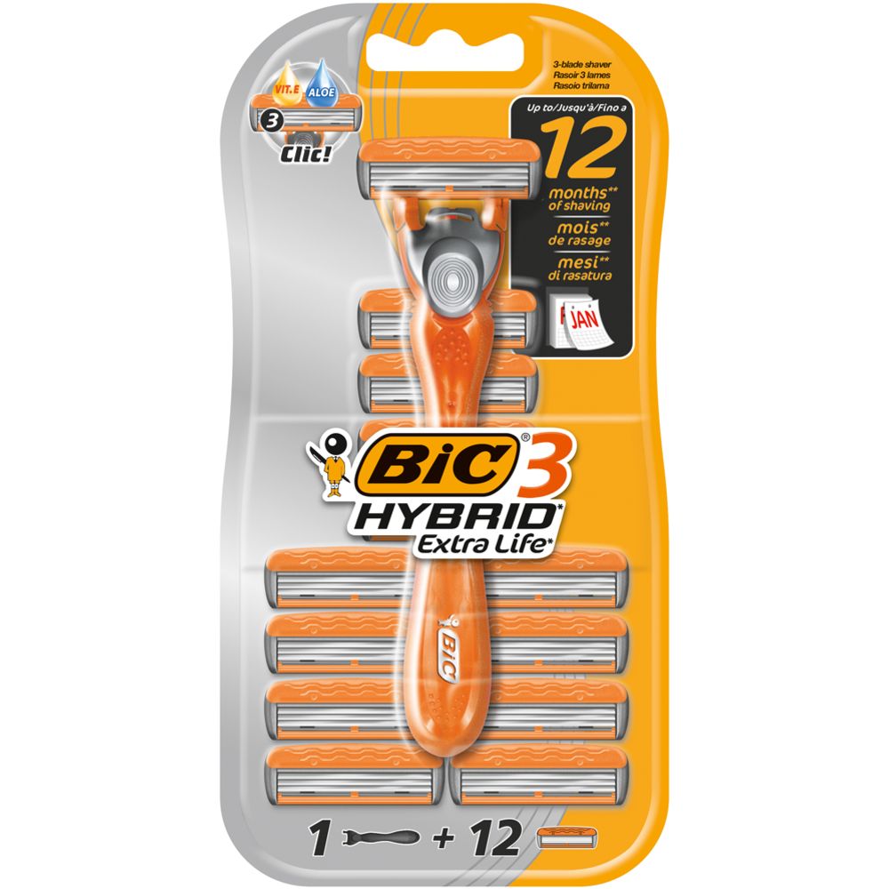 BIC 3 Hybrid Extra Life partaterä varsi ja 12 terää