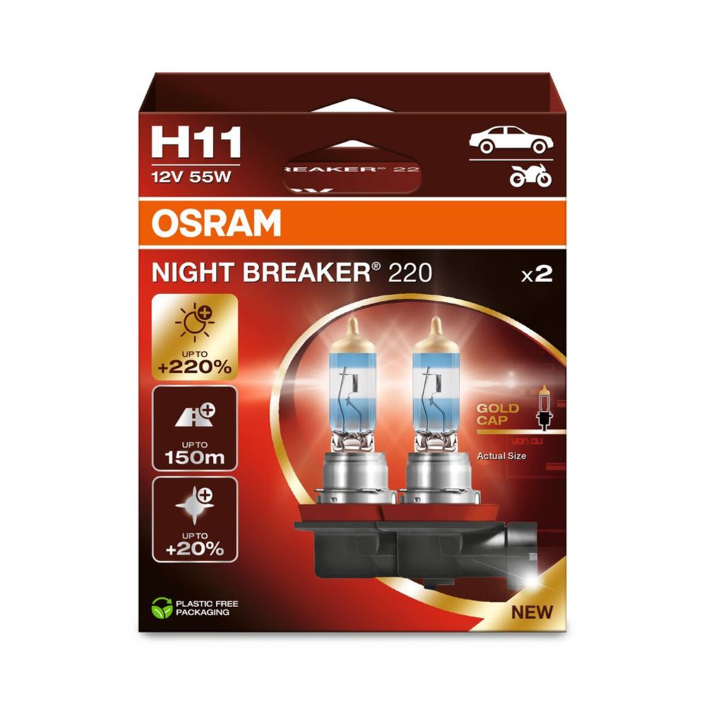 Osram Night Breaker 220 H11-pirnid, +220%, 12 V / 55 W, 2 tk