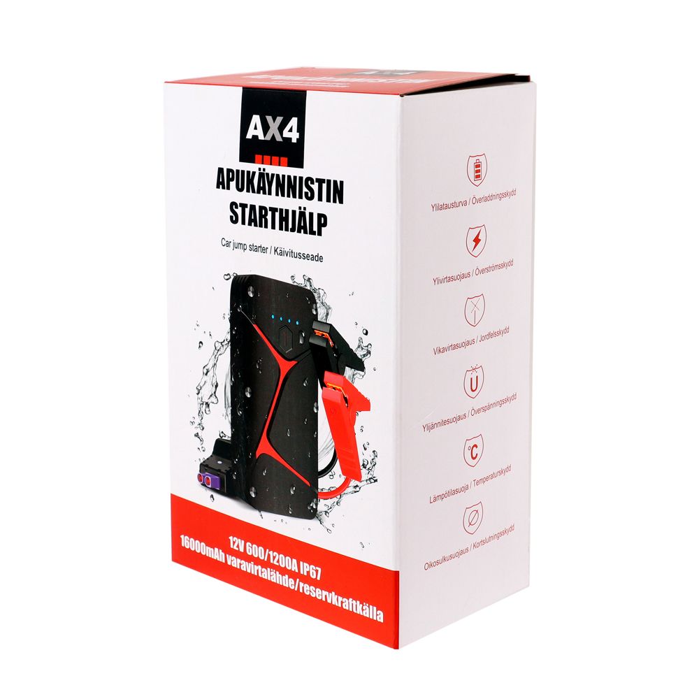 AX4 apukäynnistin 12V 600/1200A IP67, 16000 mA varavirtalähteellä