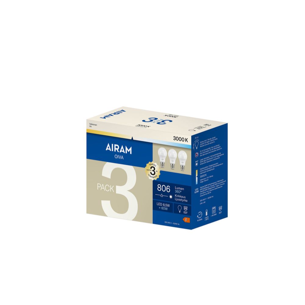 Airam LED pallolamppu E27 8,5 W 3000 K 806 lm 3 kpl