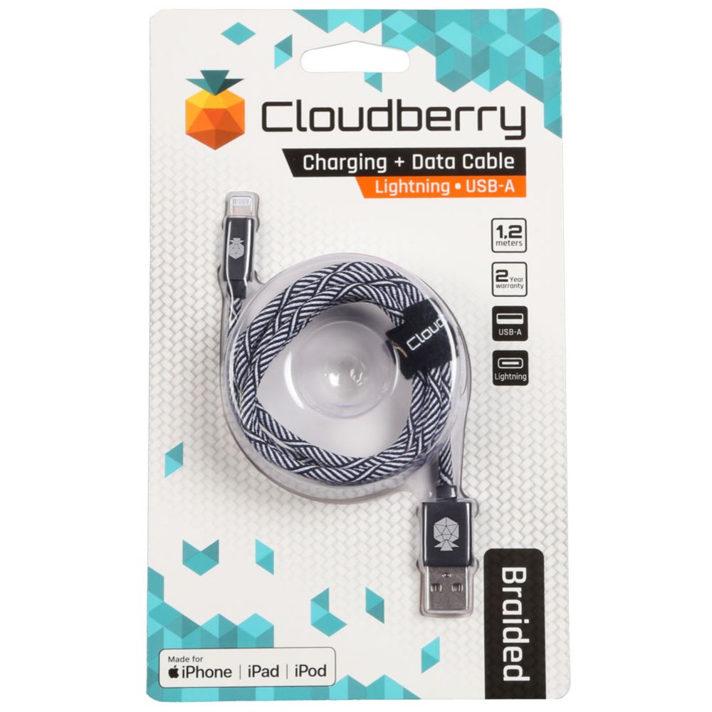 Cloudberry Lightning vahvarakenteinen datakaapeli 1,2 m mustavalkoinen