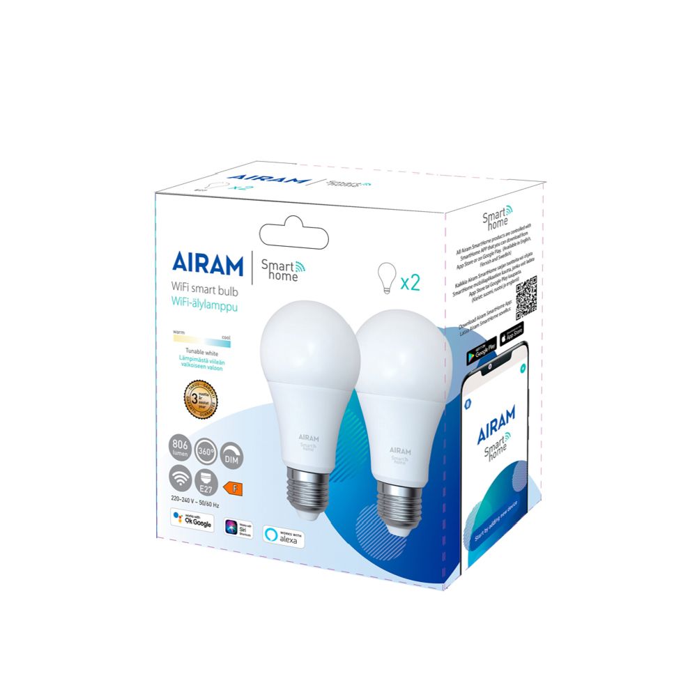 Airam SmartHome älylamppu 2-pack valkoinen 9 W E27 806 lm CCT 2700-6500 K