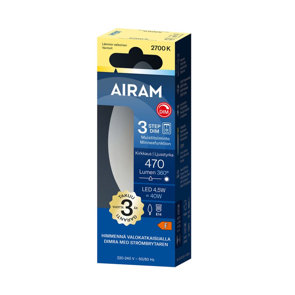 Airam LED-filamenttilamppu 3-Step C35 E14 4,5W 470lm 2700K IP20 himmennettävä