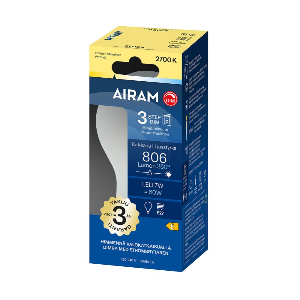 Airam 3-Step LED-filamentlampa A60 E27 7W 806lm 2700K IP20 dimbar