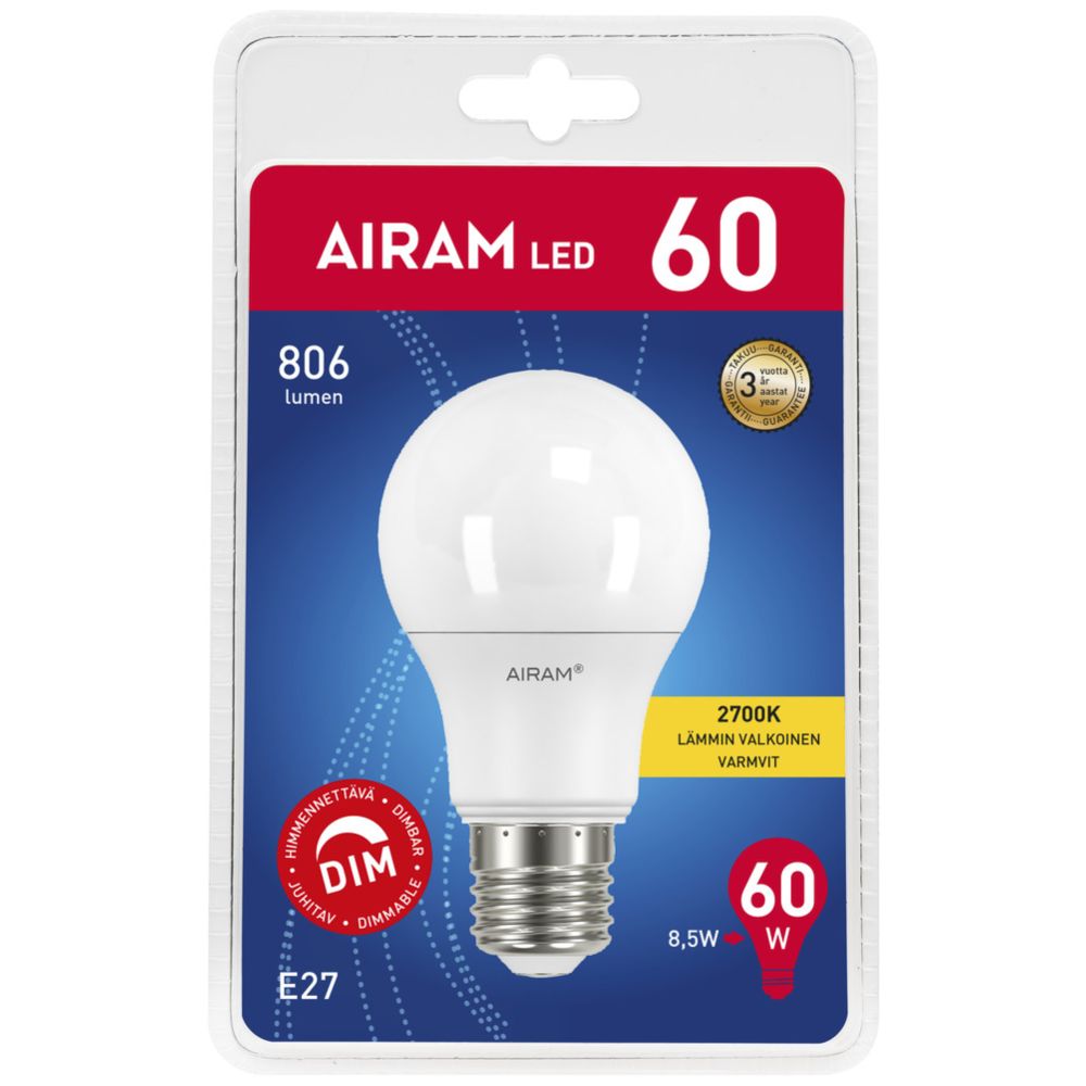 Airam LED pallolamppu E27 7,3 W 2700 K 806 lm himmennettävä