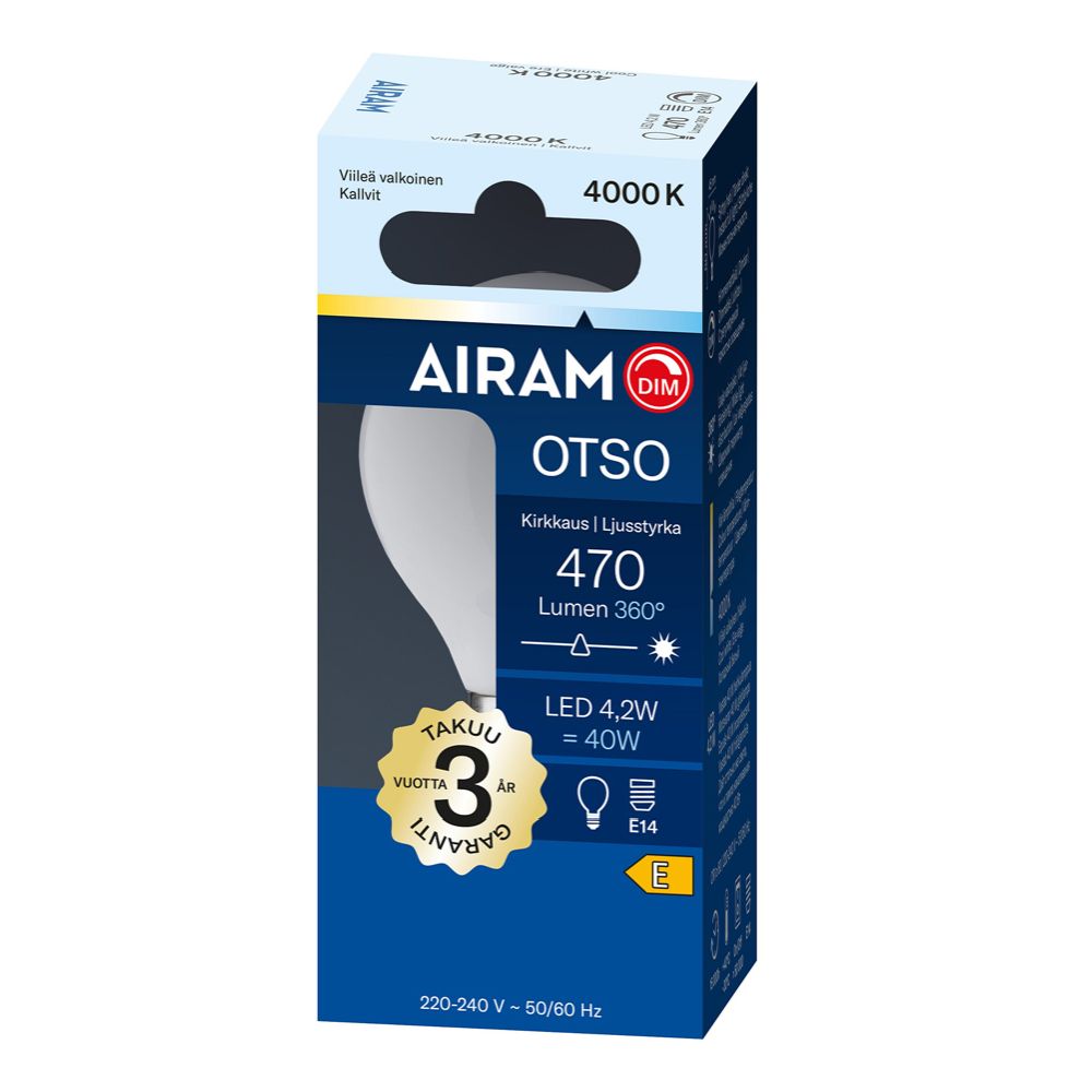 Airam Otso minikupad LED-lampa P45 E14 4,2 W 470lm 4000K Dimbar