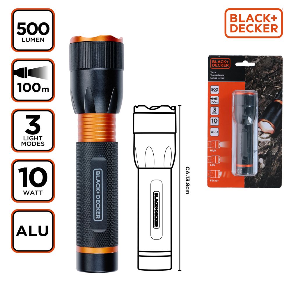 Black+Decker taskulamp, 500 lm, 100 m, 3 x AAA