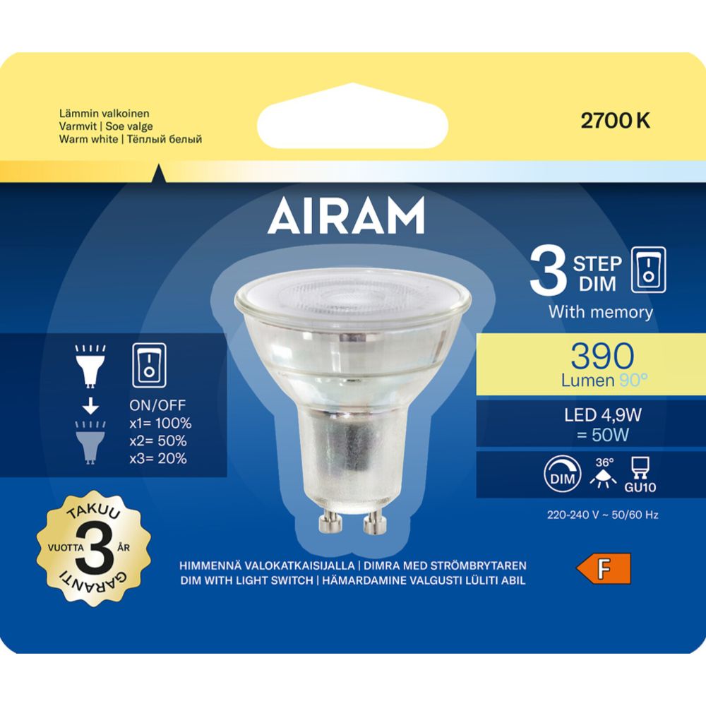 Airam PAR16 LED-lamp, 3-astmeline hämardus, 5 W, GU10