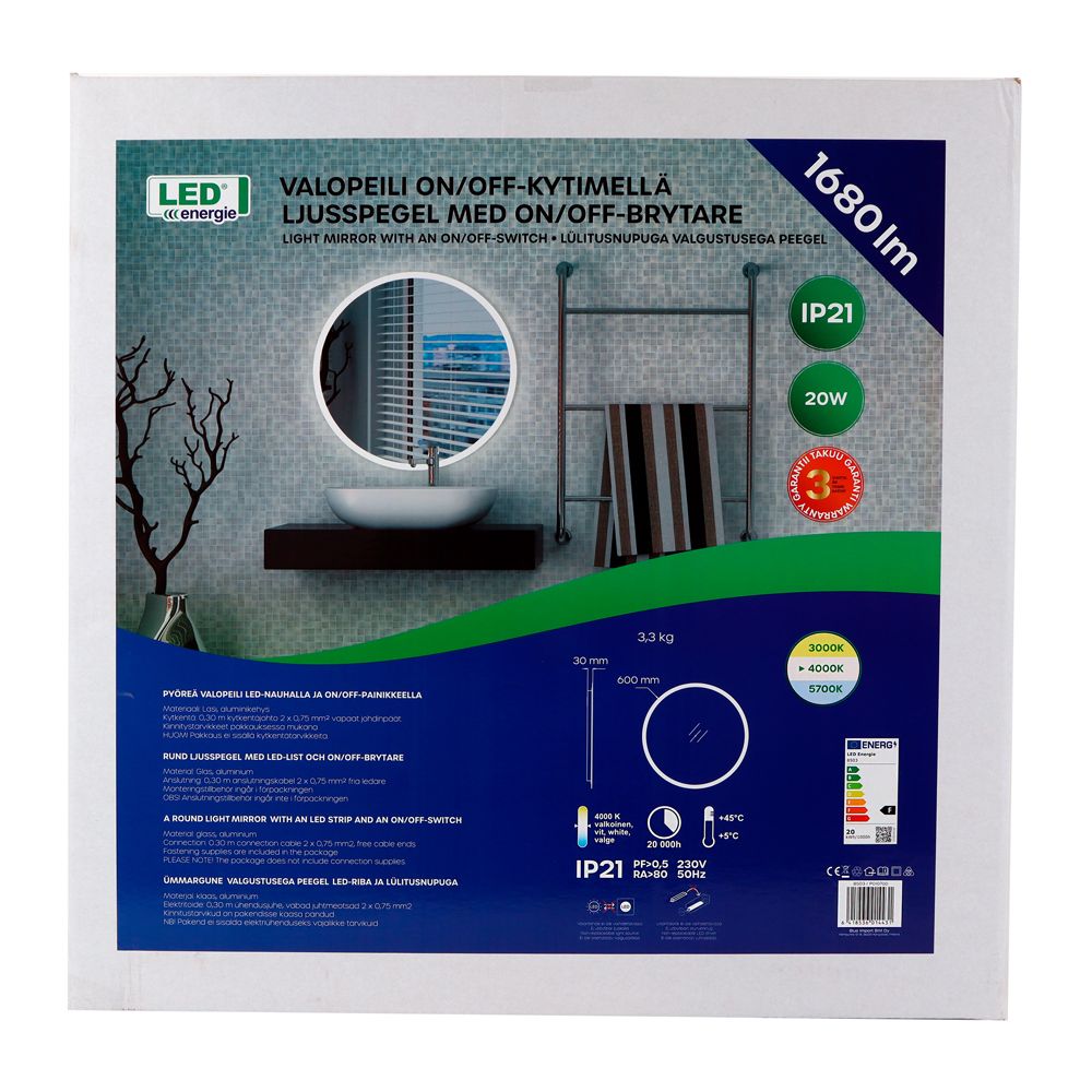 Led Energie pyöreä valopeili Ø600 mm 20 W 1680 lm 4000 K IP20