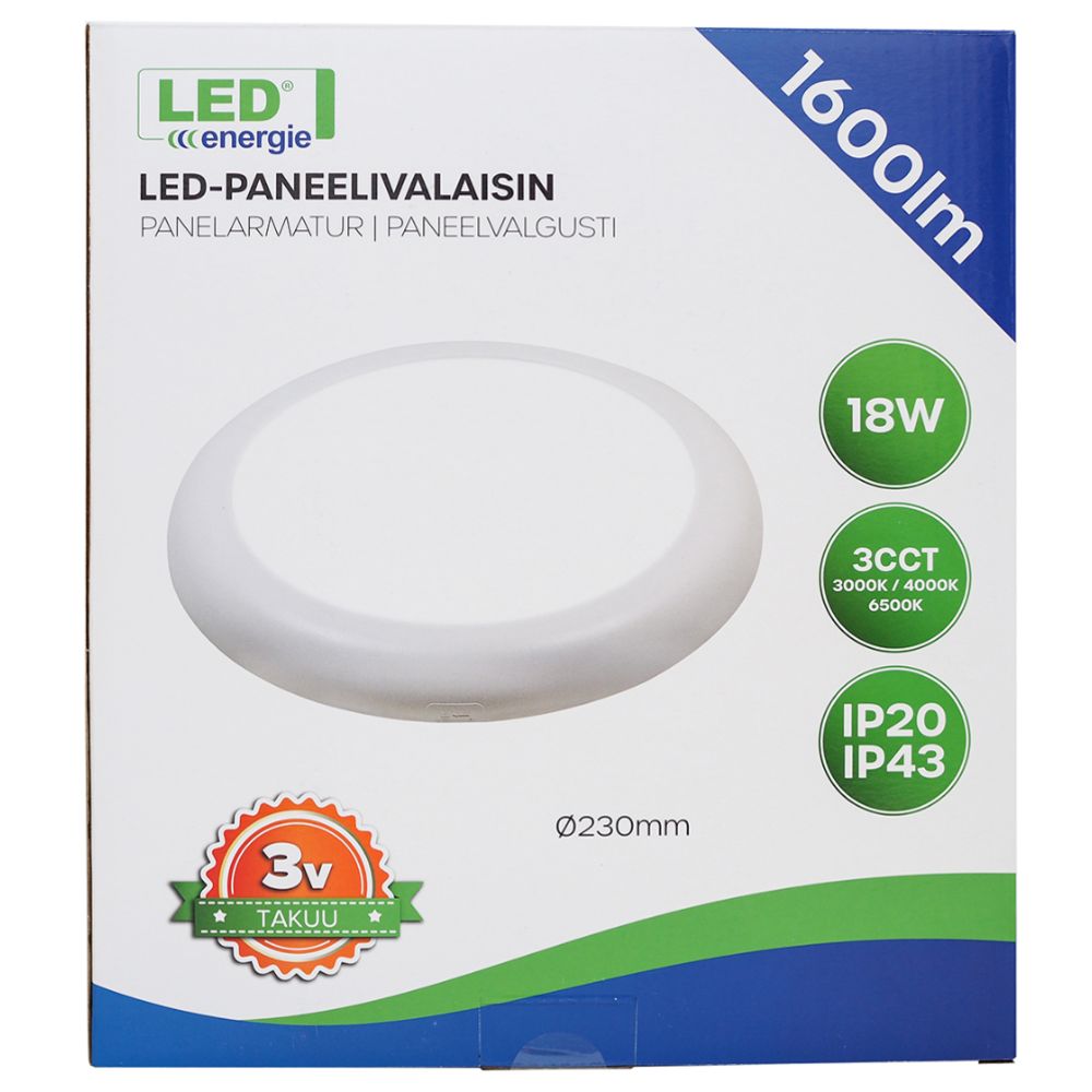 Led Energie LED-paneelivalaisin IP20/IP43 1600 lm 18 W 3CCT valkoinen