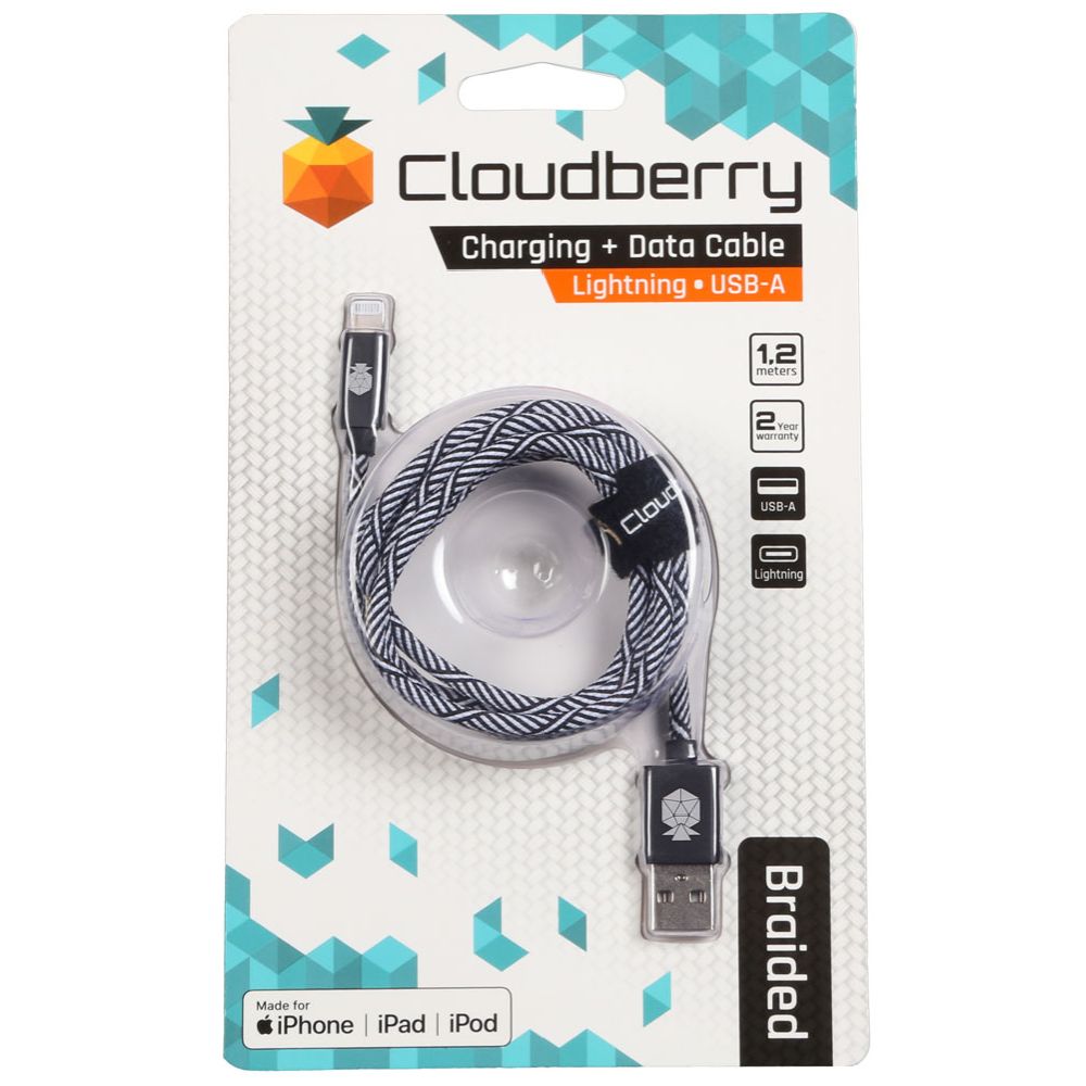 Clouberry USB-A Lightning vastupidav andmekaabel, must/valge, 1,2 m