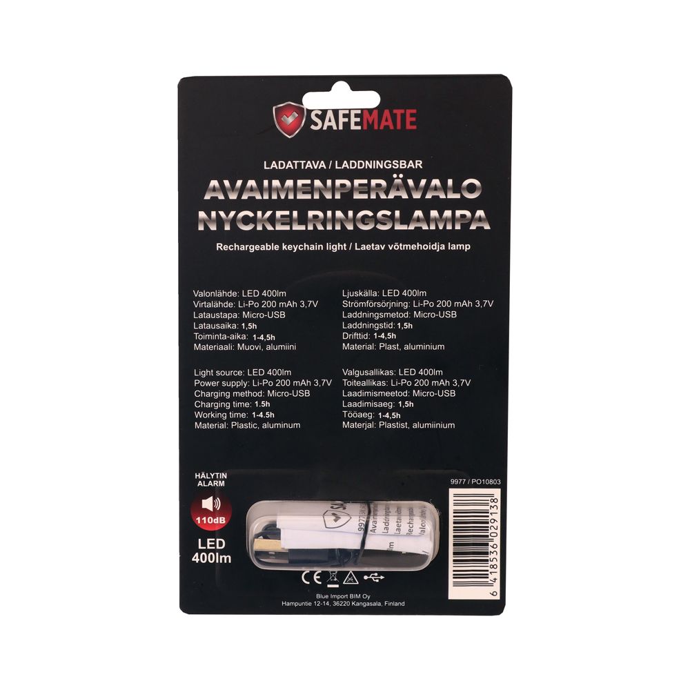 SafeMate avaimenperävalo hälyttimellä ladattava 400 lm musta